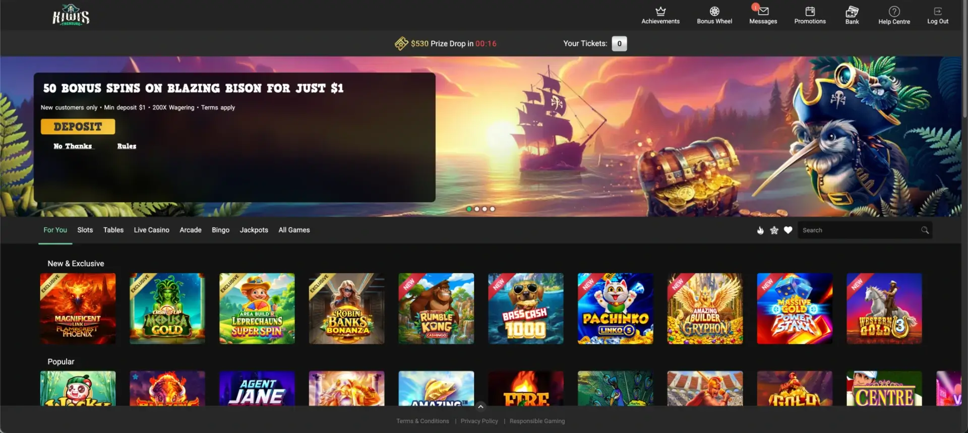 Interface and lobby at a glance at Kiwi's Treasure Casino