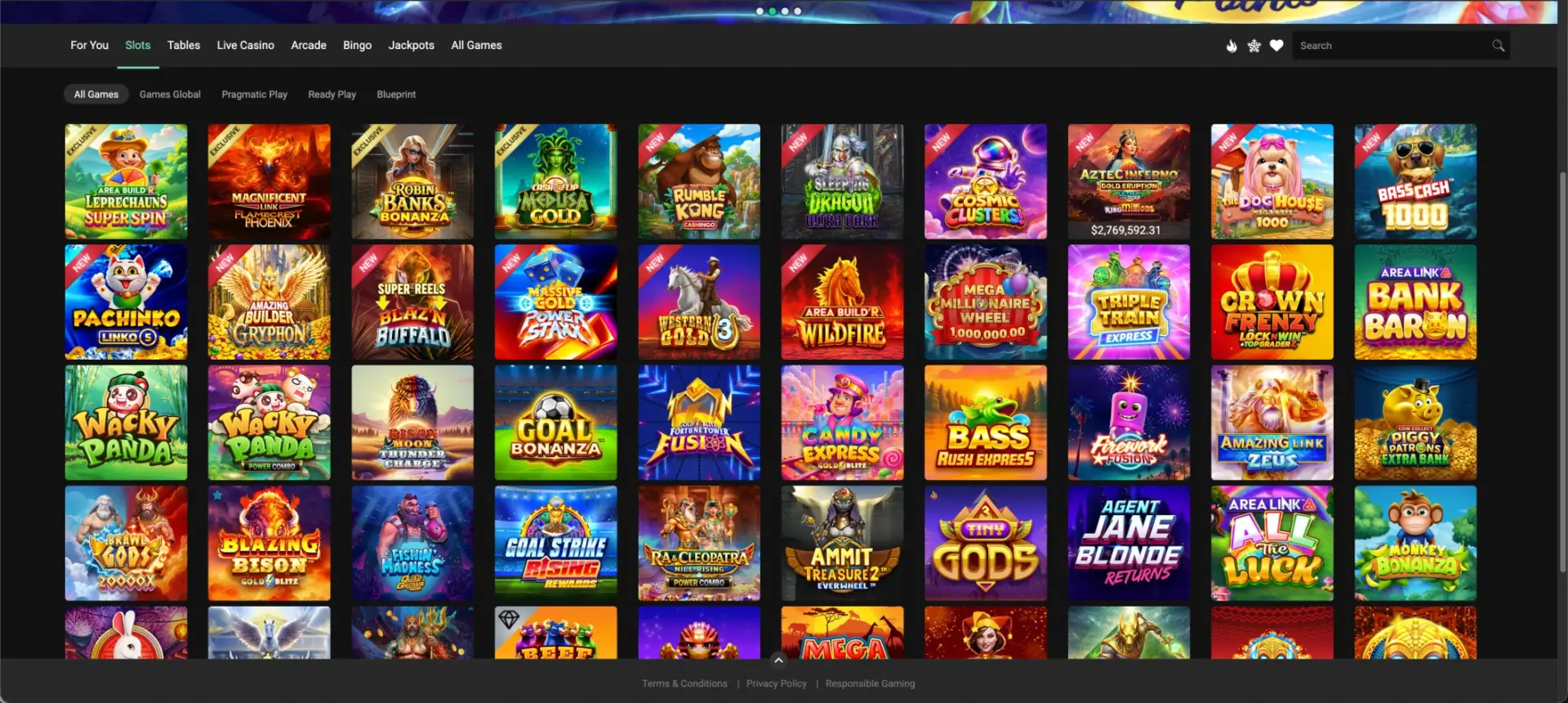 Game catalogue at Kiwi Treasures casino at Kiwi's Treasure Casino